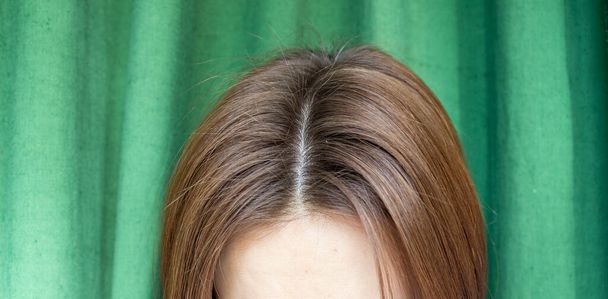 Γυναικεία μαλλιά μετά το πλύσιμο σε πράσινο φόντο. η θέα από την κορυφή.  - Φωτογραφία, εικόνα
