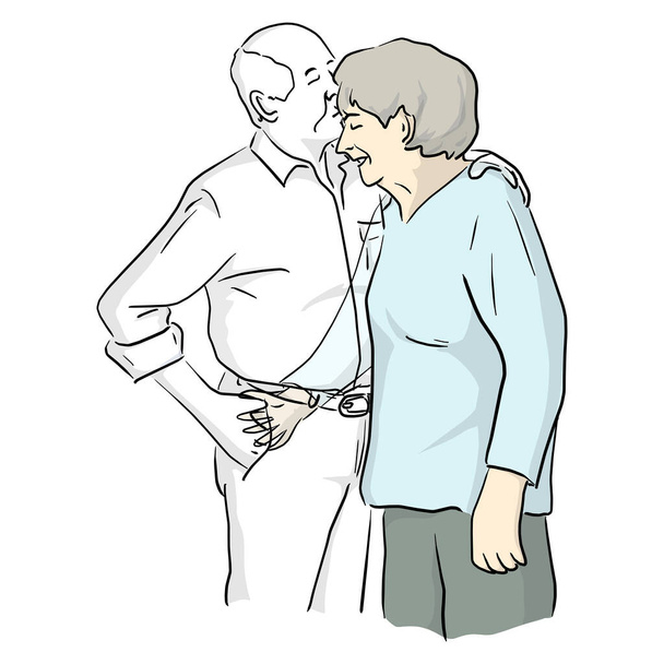 ηλικιωμένη γυναίκα αγκαλιάζει νεκρό διαφανή σύζυγό διανυσματική εικονογράφηση σκίτσο doodle χέρι με μαύρες γραμμές που απομονώνονται σε λευκό φόντο - Διάνυσμα, εικόνα
