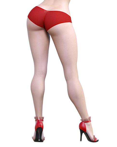 3D Beautiful sexy female legs red pants and sandals.Woman studio photography.High heel.Conceptual fashion art.Seductive candid pose.Render isolated illustration.Summer intimate clothes - Φωτογραφία, εικόνα