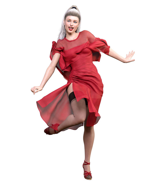 3D ballerina dancing classical dance.Blonde hair girl blue eyes.Red dress and black stocking.Ballet street dancer.Studio photography.Conceptual fashion art.Render illustration. - Fotografie, Obrázek