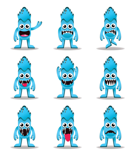 Cute blue monsters Vector set of cartoon monsters isolated. Design for print, decoration, t-shirt, illustration, or sticker - Vektör, Görsel