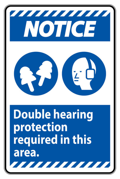 Segnale di avviso Doppia protezione acustica richiesta in questa zona con manicotti e tappi per le orecchie  - Vettoriali, immagini