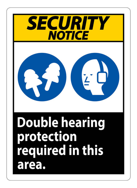 Powiadomienie o bezpieczeństwie Podwójna ochrona słuchu Wymagana w tym obszarze z Ucho Muffs & Ucho Plugs  - Wektor, obraz