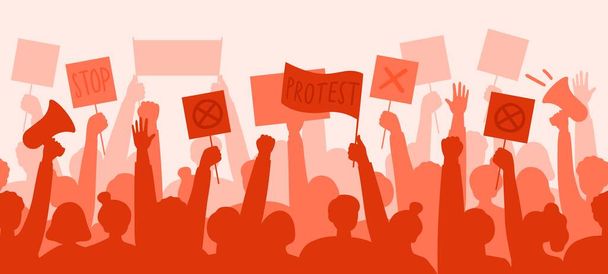 A crowd of politically active people protests. Silhouettes with posters, bullhorns. Expression of political, social position. Revolution, demonstration, protest concept. Vector flat illustration.  - Vector, Image