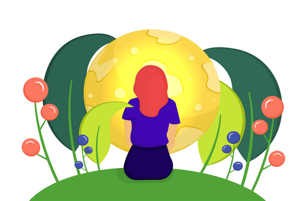 Girl looking at the moon, back view isolated on a white background. A girl from the back and a planet surrounded by leaves and flowers. Vector illustration in flat cartoon style. - Vector, Image
