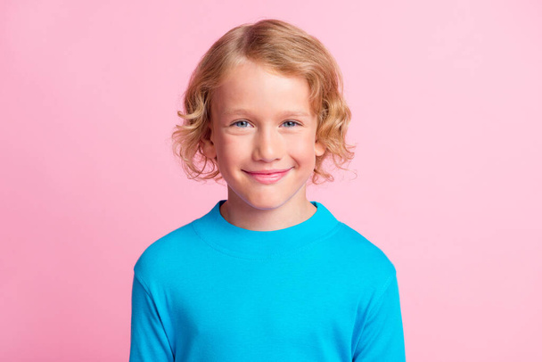Photo of sweet small child look camera funny smiling wear blue turtleneck isolated pastel pink color background - Valokuva, kuva