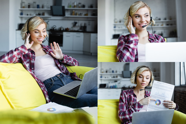 colagem de mulher tendo webinar on-line sentado em casa - Foto, Imagem