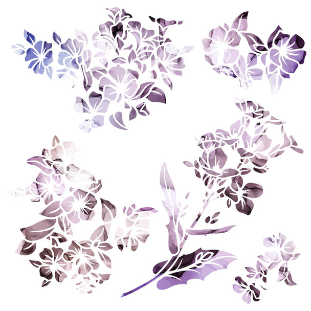 Tiny flowers silhouettes with purple ink texture - Вектор,изображение