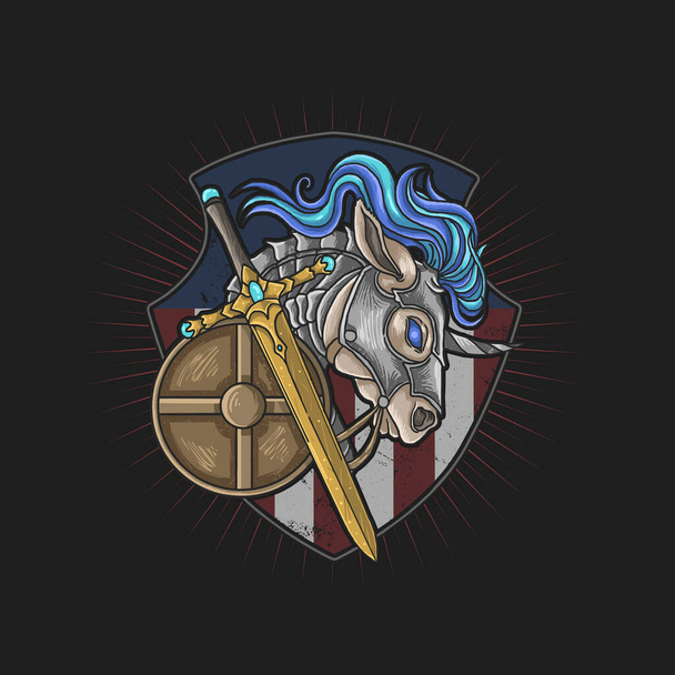 espada y escudo de armadura de caballo de guerra unicornio  - Vector, imagen