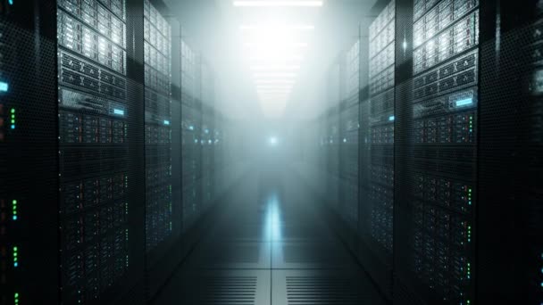 Data center with endless servers. Network and information servers behind glass panels. Server room with twinkling lights. 4K high quality loop animation - Footage, Video