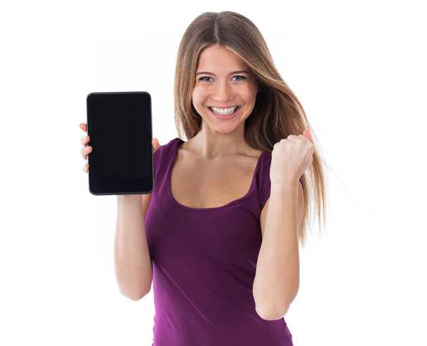 Cheerful woman holding a touchpad - Fotó, kép