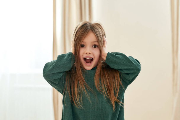 A cute small girl surprised with her eyes and mouth wide open and hands covering her ears looking into a camera - Foto, imagen