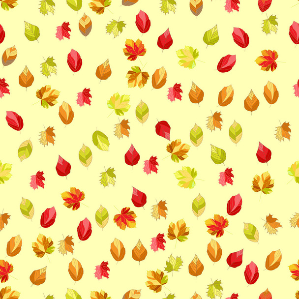 Bezešvé, vektorové abstraktní obraz stylizovaných podzimních listů rozptýlených na žlutém pozadí. Aplikace v designu a textilu je možná - Vektor, obrázek