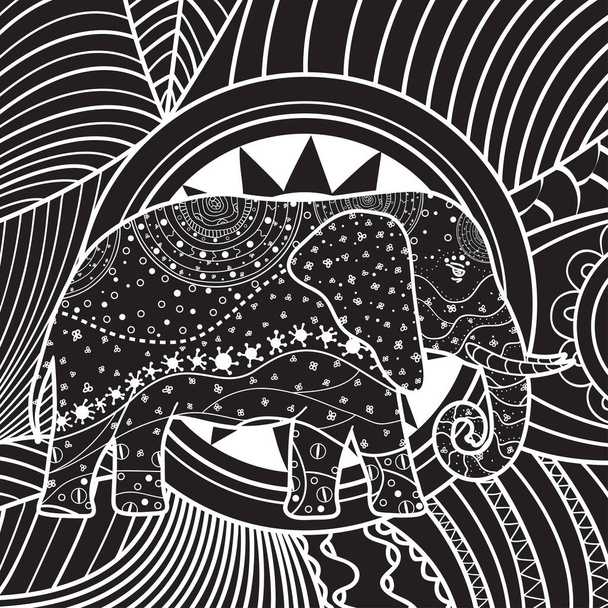 Modèle carré. Éléphant dessiné à la main avec des motifs ornés. Conception pour la relaxation spirituelle pour les adultes. Illustration noir et blanc - Vecteur, image