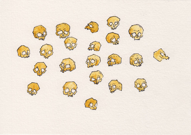 Leuke aquarel met de hand getekend illustratie met schedels op papier. Kleine gele skeletten doodle. Grappig & schattig schetsmatige botten. Halloween of Dag van de Doden in Mexico decoratie elementen ingesteld. - Foto, afbeelding