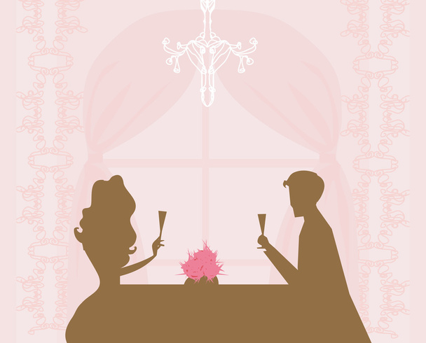 Giovane coppia silhouette flirtare e bere champagne nel ristorante
 - Vettoriali, immagini