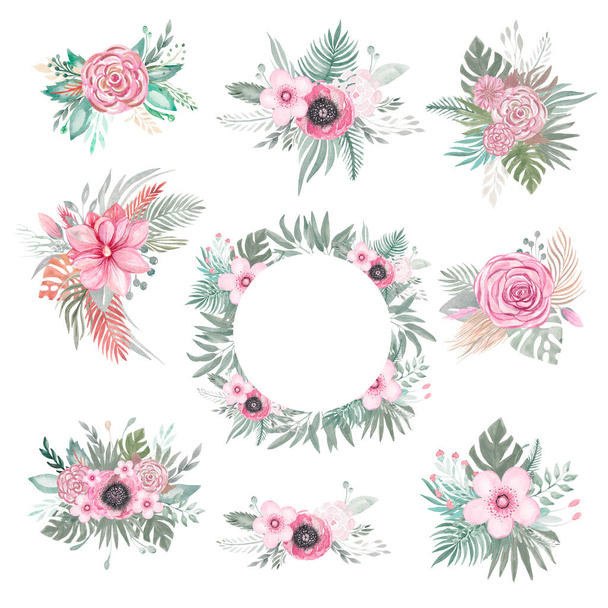 Свадебная ботаническая композиция розовые цветы, листья, ветви тропические листья ручной росписи цветочный букет boho стиле. Акварель - Фото, изображение