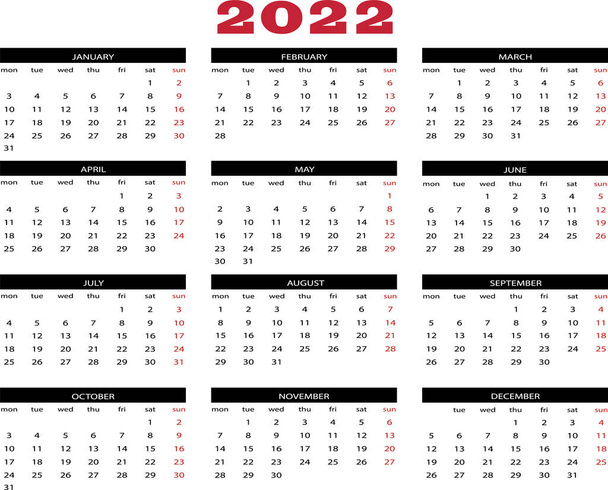 Ano civil 2022 em inglês - Vetor, Imagem
