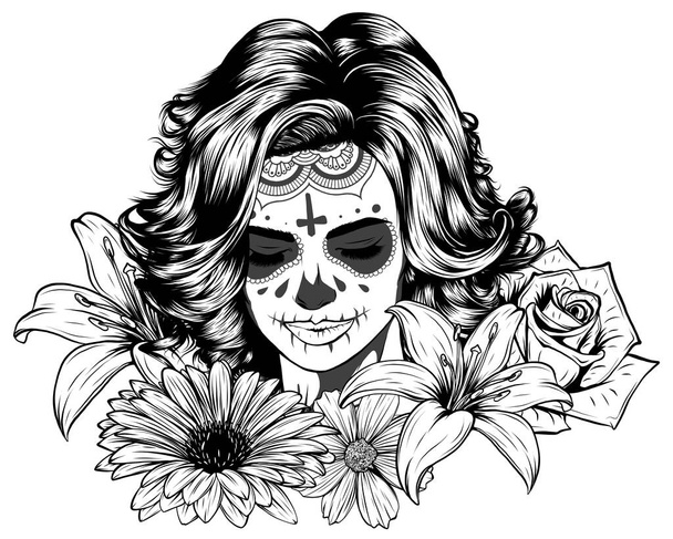 Menselijke schedel en bloemenkrans. Los Muertos. Vectorillustratie. - Vector, afbeelding