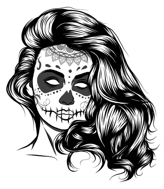 Illustration von Schwarz-Weiß-Totenkopf Mädchen mit Rose in Haaren auf weißem Hintergrund - Vektor, Bild