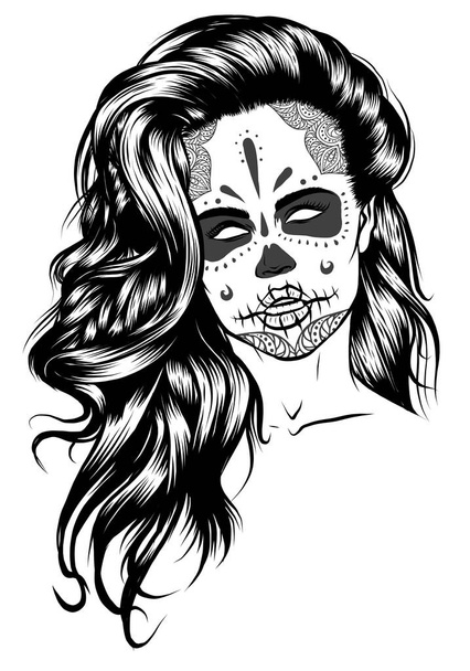 Ilustracja czarno-białej czaszki dziewczyna z różą we włosach na białym tle - Wektor, obraz