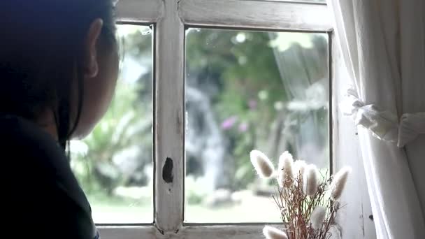 Lähikuva muotokuva nainen istui vilkuillen ulkopuolella lasi-ikkunat kotona. Emotionaalinen yksinäisyys käsite.  - Materiaali, video