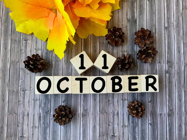11 ottobre 11 ottobre su cubetti di legno.Coni e foglie autunnali su fondo di legno.Autunno .Calendario per ottobre. - Foto, immagini