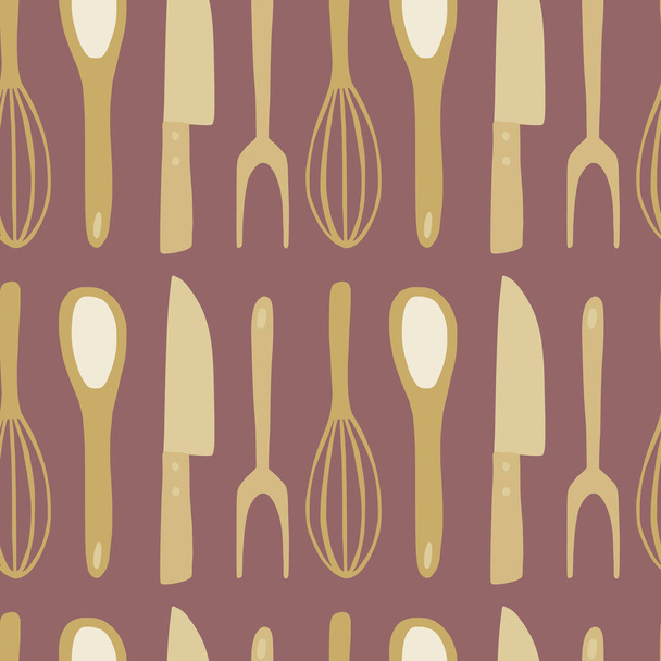 Costuras ferramentas de cozinha doodle padrão. Faca estilizada, colher, garfo, silhuetas corolla arte em tons de marrom e ocre. Para design de tecido, impressão têxtil, envoltório, tampa. Ilustração vetorial - Vetor, Imagem