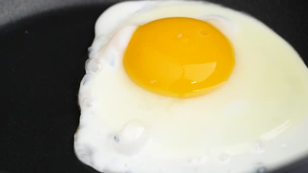 Κοντινό πλάνο του μαγείρεμα τηγανητά αυγά σε μαύρο τηγάνι. Έννοια πρωινού. - Πλάνα, βίντεο