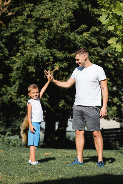 Preschooler boy in sportswear looking at camera while giving high five to smiling man in park - Фото, зображення