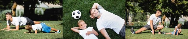 Collage von Vater und Sohn in Sportbekleidung, die auf dem Rasen neben dem Ball liegen, Bretter und Sprünge im Park machen, Banner - Foto, Bild
