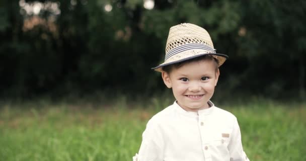 Πορτρέτο ενός όμορφου μικρού αγοριού που γελάει και διασκεδάζει στο πάρκο - Πλάνα, βίντεο