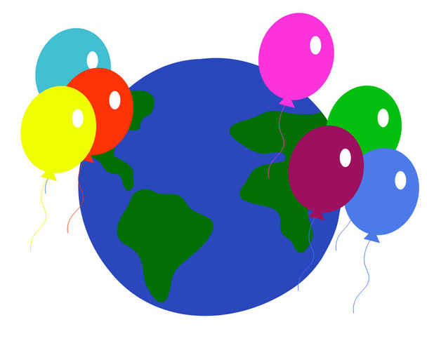 Planet Earth and balloons on a white background. Cartoon. Vector illustration. - Vector, Imagen