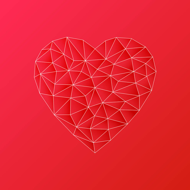 Vector illustration. Red heart with white outline in low poly style on a red background. For logos, social media icons, holiday cards, wedding invitations. - Wektor, obraz