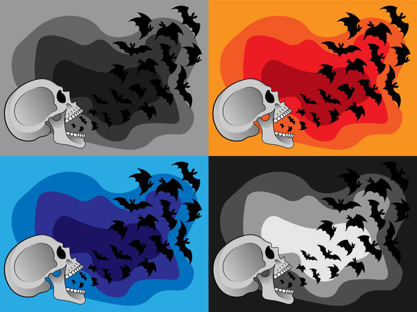 Um bando de morcegos voa da boca aberta de um crânio humano. Ilustrações, decoração para o Halloween. Vetor em quatro opções de design. Grinning assustador, assustador crânio humano. Dia de Todos os Santos - Vetor, Imagem