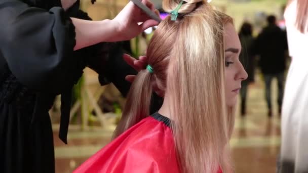 Hair stylist facendo acconciatura per lunghi capelli biondi - Filmati, video