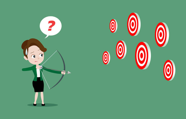 Businesswoman holding bow and arrow and confused with multiple targets, Cannot focus or choose target to shoot at - Vector, Image