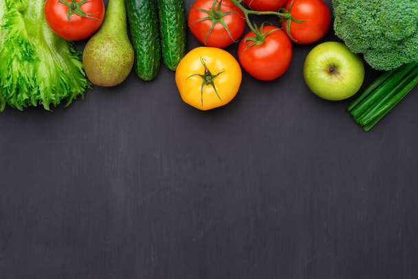 Healthy eating ingredients: fresh vegetables, fruits and superfood. Nutrition, diet, vegan food concept. Concrete background - Φωτογραφία, εικόνα