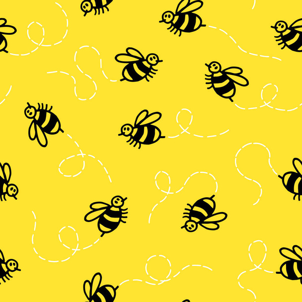 Abelhas voadoras padrão sem costura amarelo. Divertido doodle estilo abelha fundo. - Vetor, Imagem