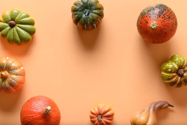 Pumpkins as border on orange background with copy space. Thanksgiving day or Halloween template. - 写真・画像