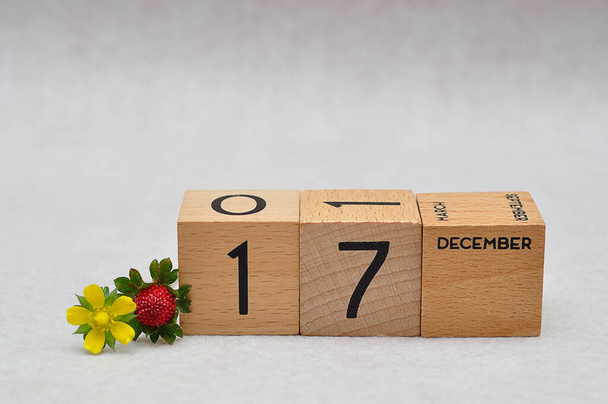 17 Dezembro em blocos de madeira com um morango e flor amarela sobre um fundo branco - Foto, Imagem