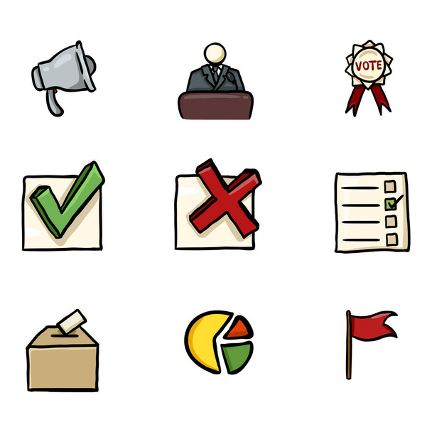 Conjunto vetorial de ícones de eleições desenhadas à mão a cores. Política Votar Pictogramas. - Vetor, Imagem