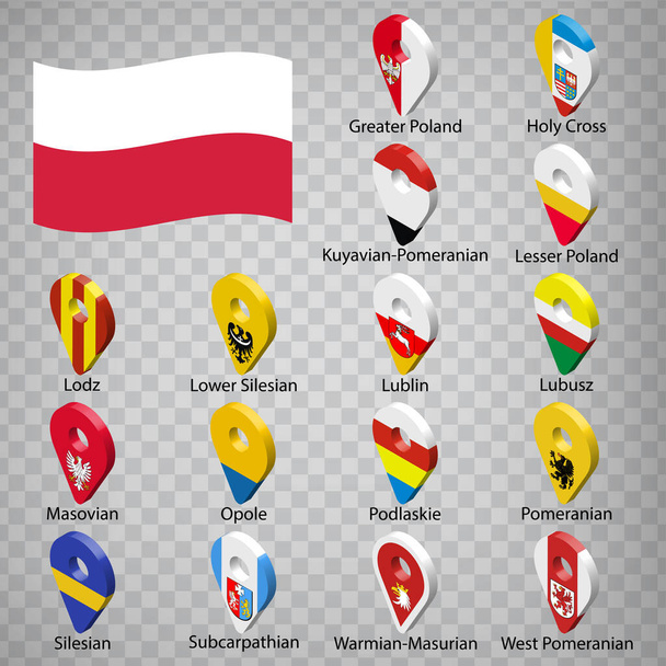 16はポーランドの州にフラグを立てます-アルファベット順に名前を付けます。ポーランドの国旗のような3次元位置表示のセット。デザインの3D位置情報記号は16個です。EPS10 - ベクター画像