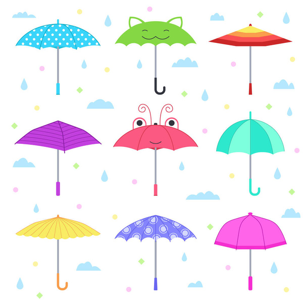 Set of children's umbrellas. Isolated objects on white background. Vector illustration. - Vecteur, image