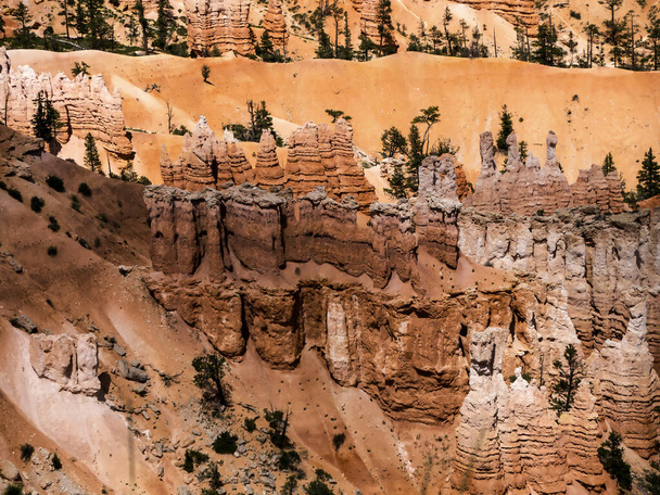 Bryce Canyon in Utah onderscheidt zich door zijn geologische structuren, hoodoos genaamd, gevormd uit wind, water en ijserosie van de rivier en sedimentaire rotsen van het meer.De mormoonse boer die eigenaar was van het land zei: 'Het is een helluva plek om een koe te verliezen - Foto, afbeelding