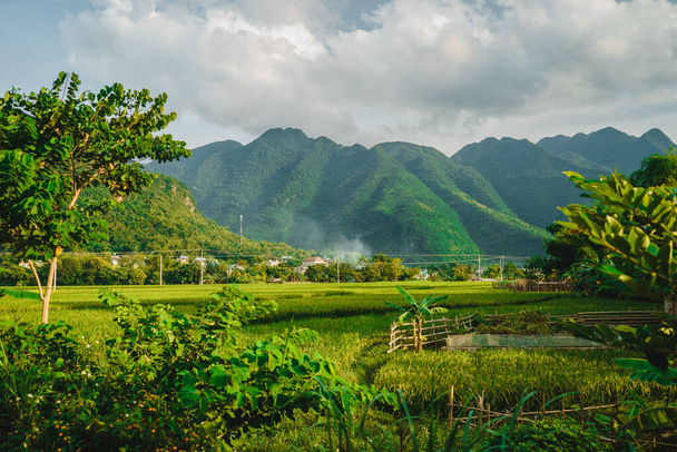 A cluster of home stay and local houses on a hillside between a green rice field and mountains, Mai Chau Valley, Vietnam, Southeast Asia. Travel and nature concept. - Zdjęcie, obraz