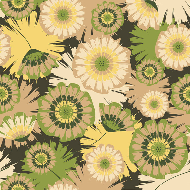 Seamless vector pattern with abstract daisy flowers on grey background. Soft pastel floral wallpaper design. Tie dye fashion textile. - Vektor, Bild