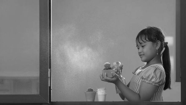 Asian little dark-skinned girl using spray bottle spraying water into her cactus plant inside of glass window frame at home in black and white style - Photo, Image