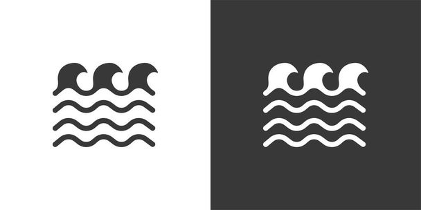 Des vagues moyennes sur la mer. Icône isolée sur fond noir et blanc. Illustration vectorielle météo - Vecteur, image