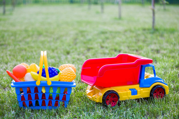 Camión de cochey una cesta con frutas y verduras de juguete. Juguetes coloridos de plástico brillante para niños al aire libre en el soleado día de verano. - Foto, Imagen